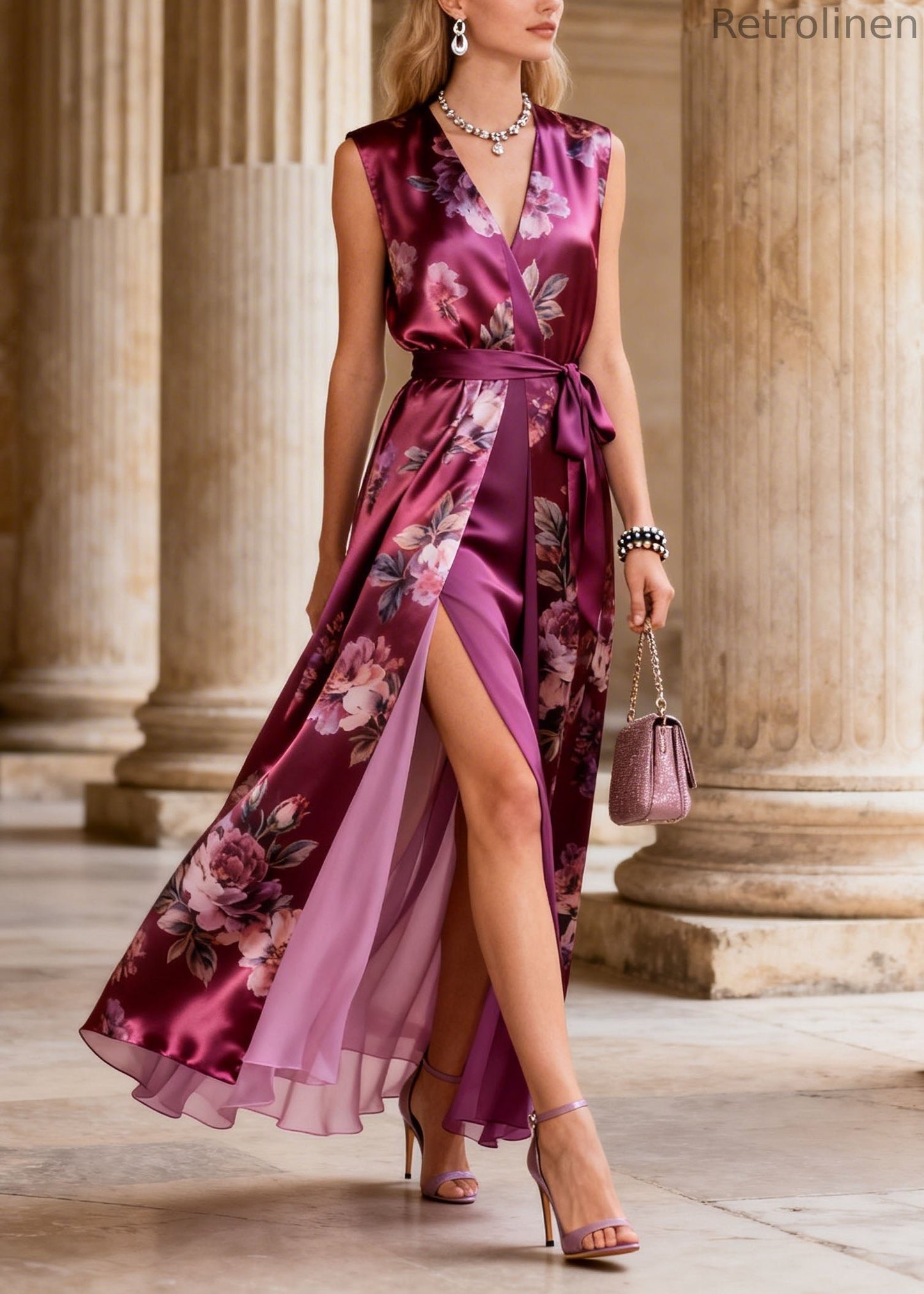 Art Purple V Neck Print Lace Up Silk Maxi Dresses Summer