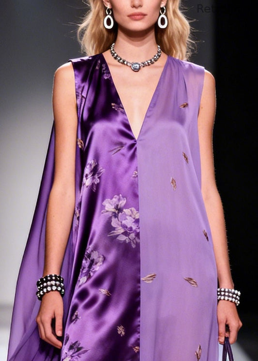 Purple Asymmetrical Patchwork Chiffon Ankle Dress Sleeveless