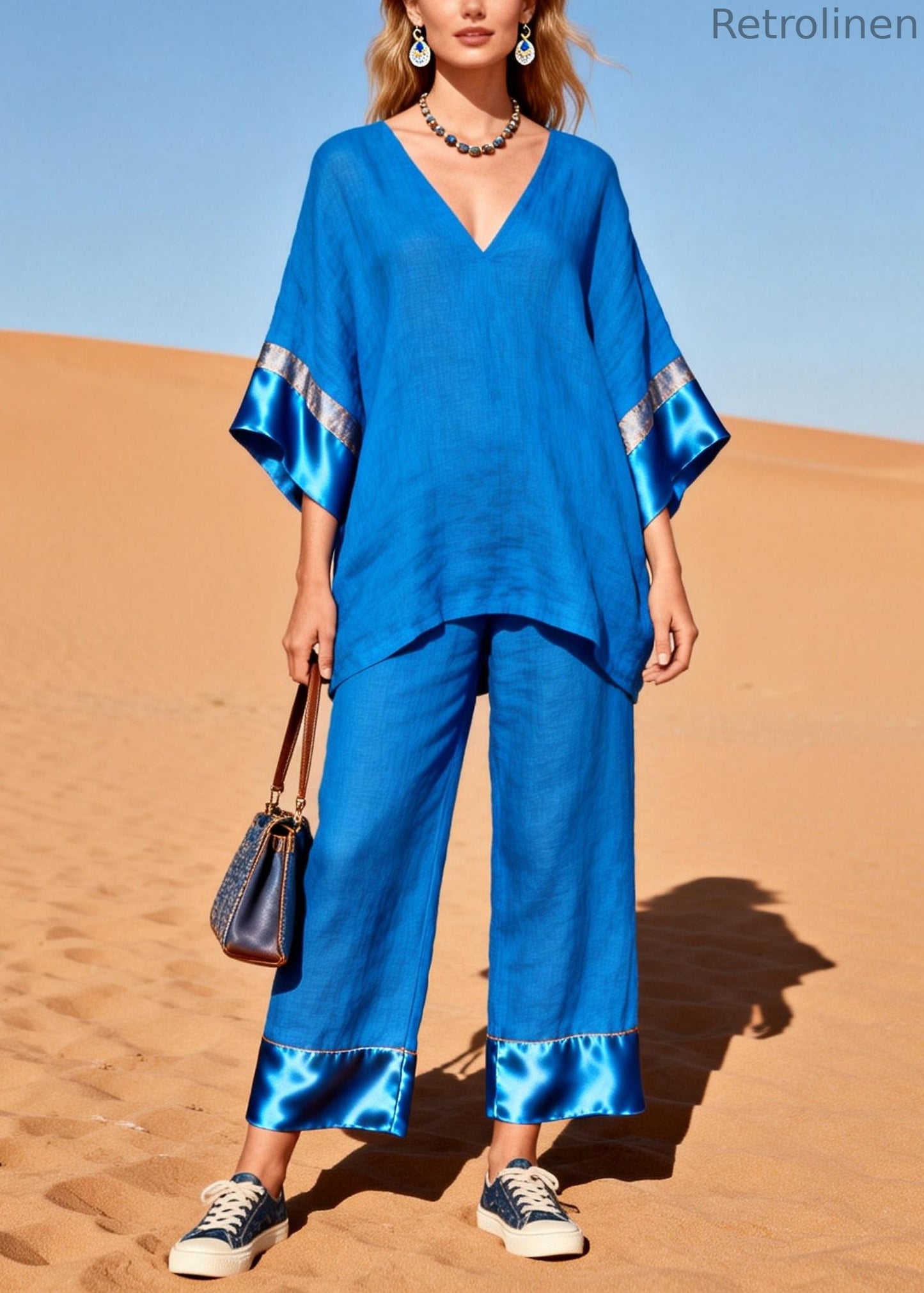 Fitted Blue Oversized Patchwork Silk Cotton Two Piece Set Clothing