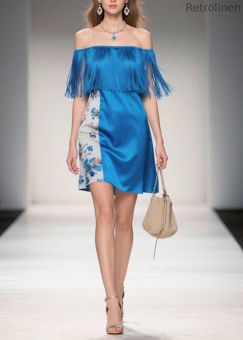 Cold Shoulder Print Tassel Silk Mid Dress Summer