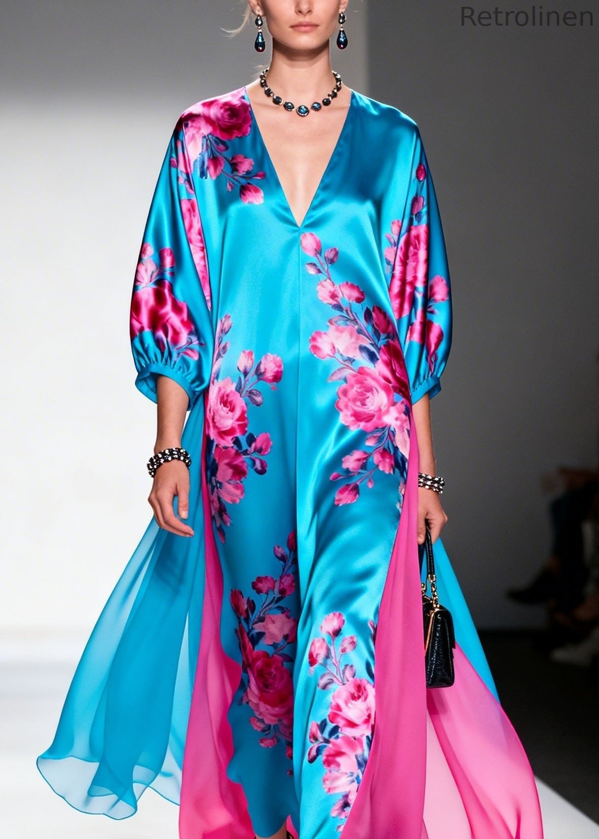 V Neck Print Patchwork Silk Long Dress Summer