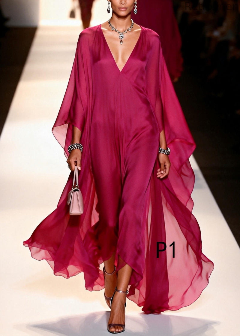 Style Mulberry V Neck Draping Chiffon Long Dresses Summer