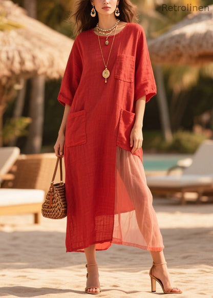 Red Oversized Tulle Patchwork Pockets Cotton Dress Summer