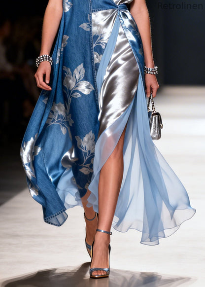 Boutique Blue Asymmetrical Patchwork Print Denim Cami Dress Summer