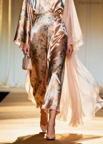 French V Neck Asymmetrical Design Patchwork Print Silk Dresses Spring
