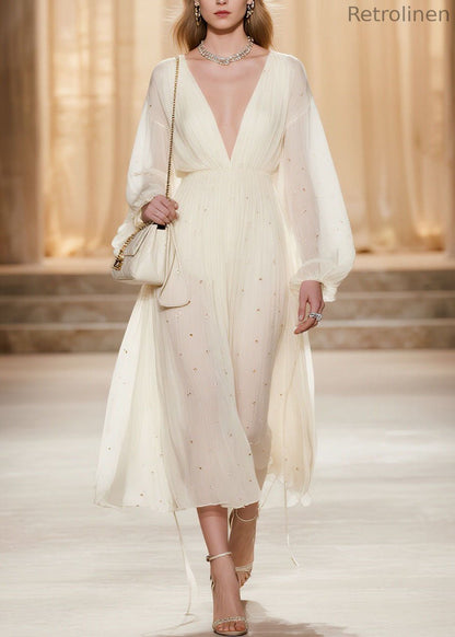Classy White V Neck Wrinkled Zircon Chiffon Dresses Spring