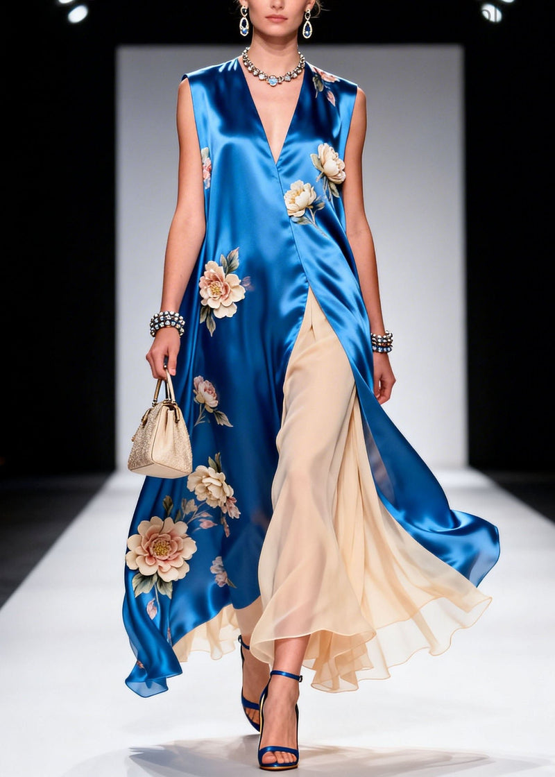 V Neck Print Patchwork Silk Maxi Dresses Sleeveless