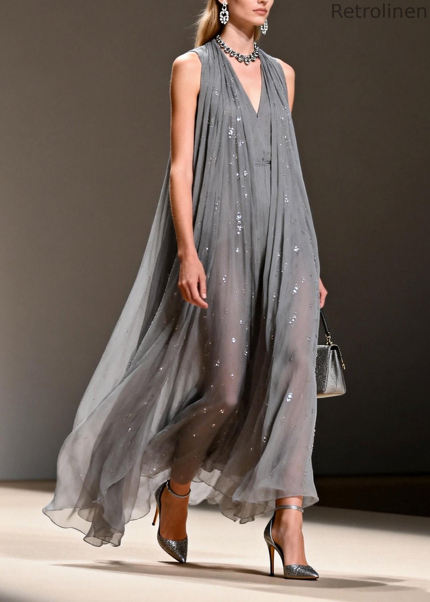 Grey Sequins Chiffon Long Dress Sleeveless