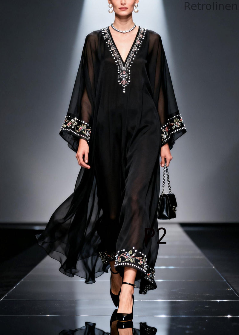 Black Oversized Fine Pearl Chiffon Party Dress Summer