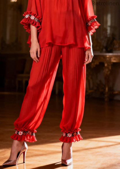 Red Ruffled Two Pieces Set O Neck Spring