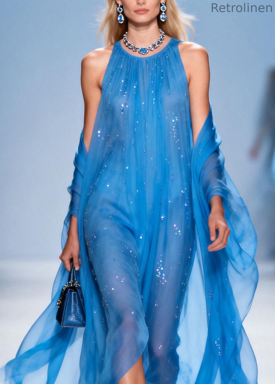 French Blue O Neck Zircon Patchwork Chiffon Dress Summer