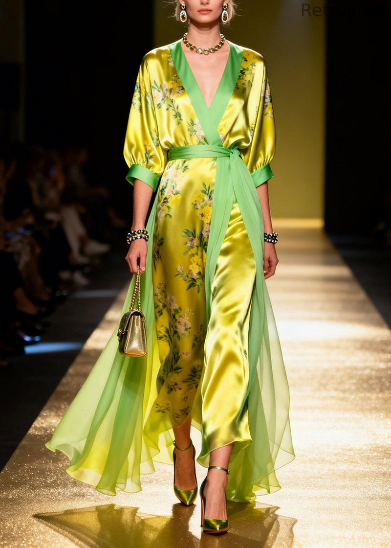 Fitted Grass Green Print Tulle Patchwork Silk Party Dresses Summer