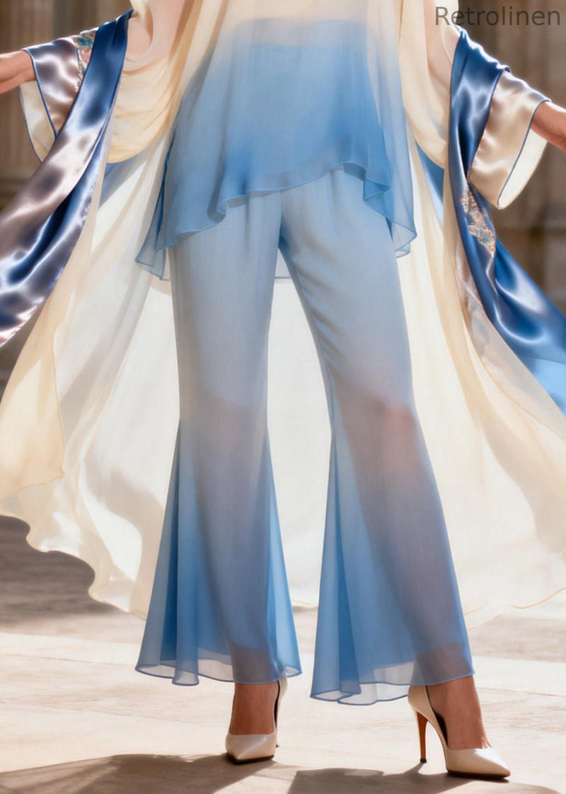 Chinese Style Stand Collar Silk Shirts and Flared Trousers Two Pieces Set Spring