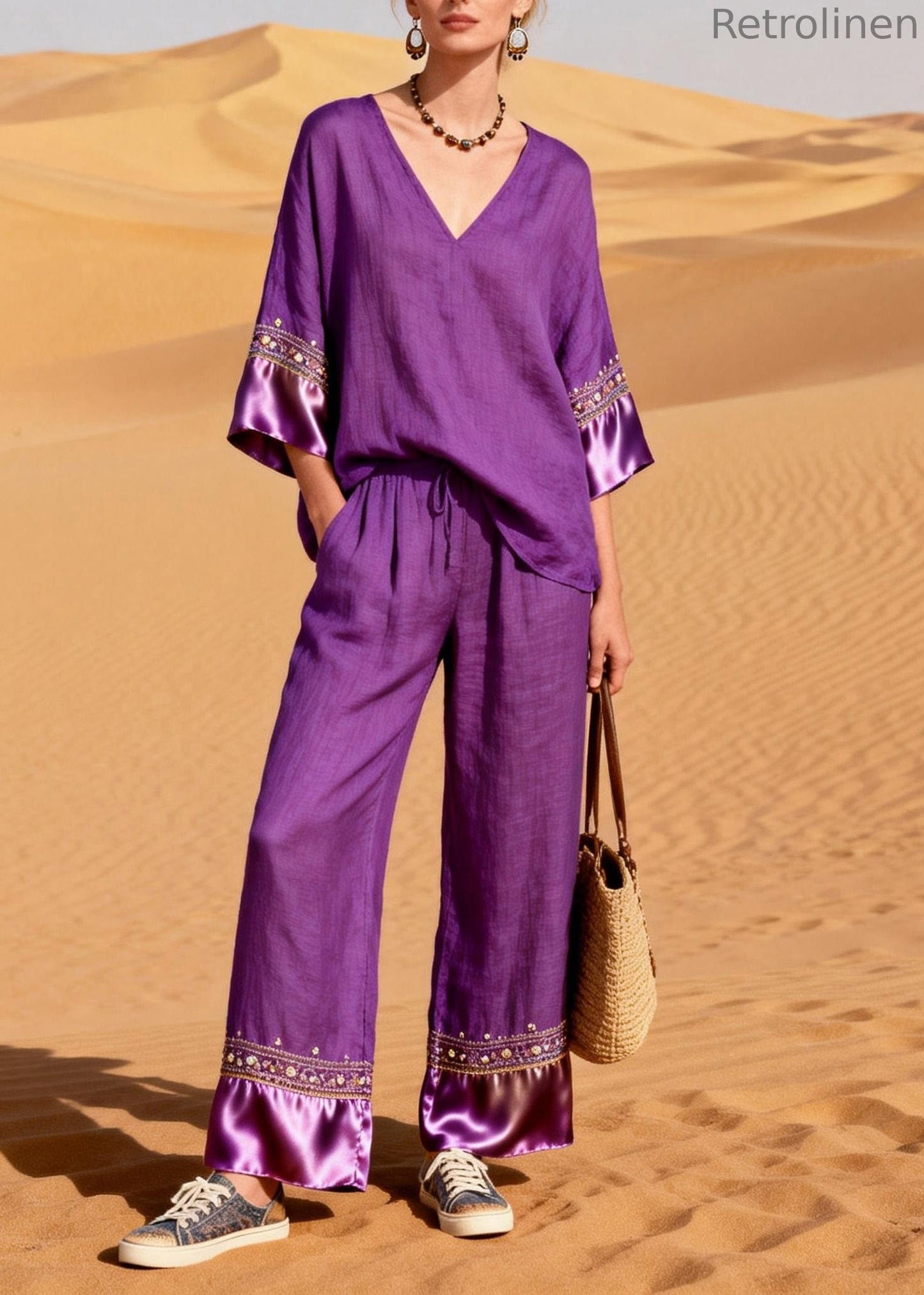 New Purple V Neck Silk Patchwork Linen Two Piece Suit Set Summer