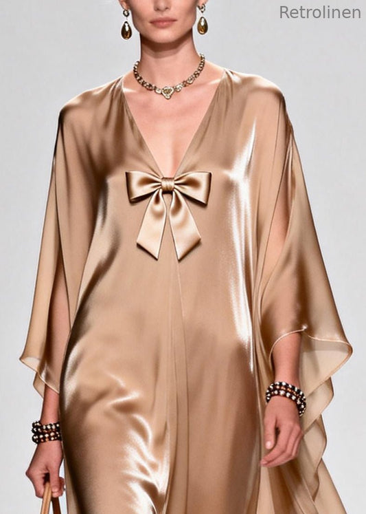 Khaki Bow Exra Large Hem Draping Chiffon Maxi Dresses Summer