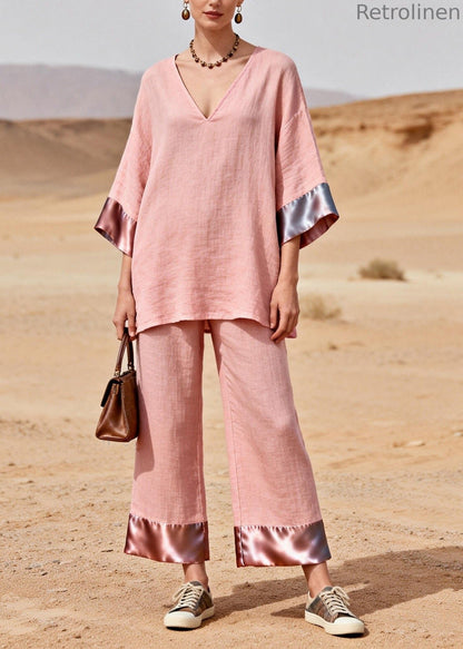 Pink V Neck Patchwork Linen Silk Two Piece Set Summer