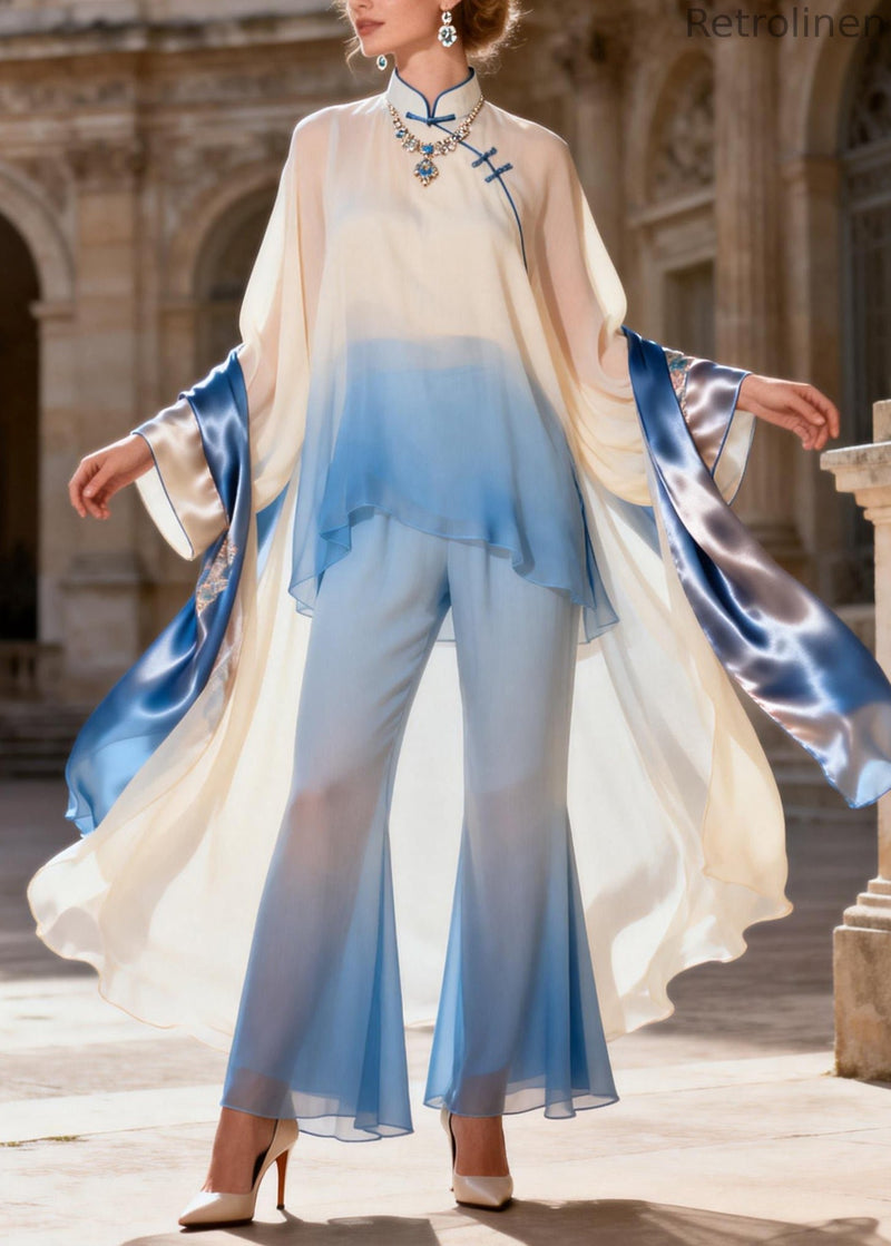 Chinese Style Stand Collar Silk Shirts and Flared Trousers Two Pieces Set Spring