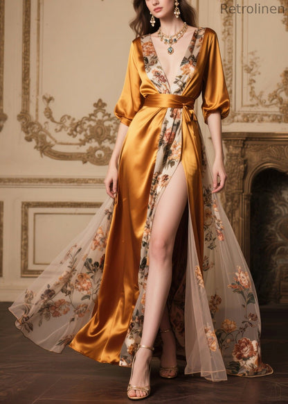 Golden Tunic Patchwork Side Open Silk Party Dresses Summer