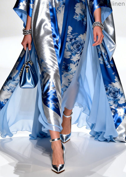 Modern Blue Square Collar Print Chiffon Party Dress Summer