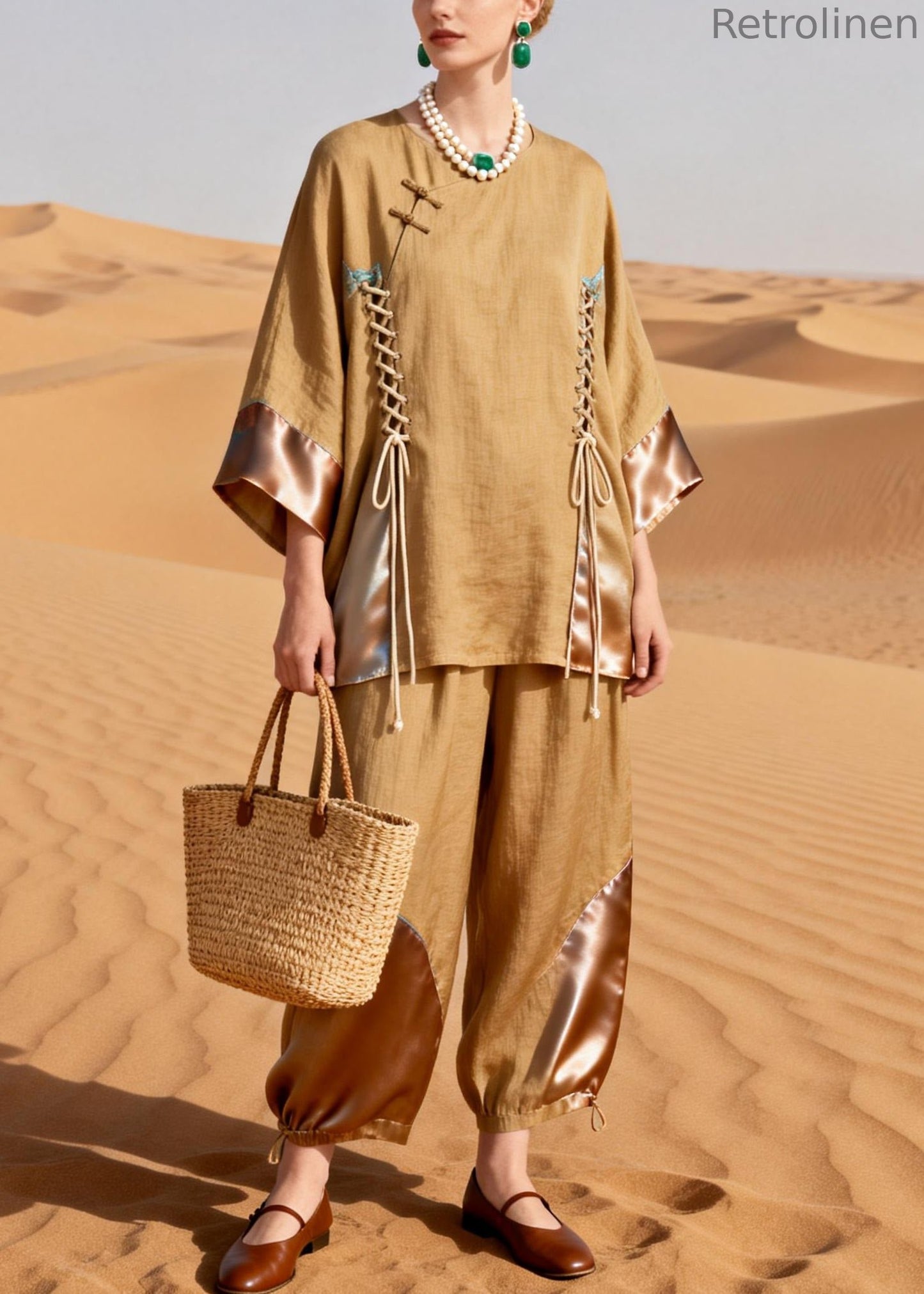 Khaki O Neck Drawstring Patchwork Shirt and Crop Pants Silk Linen Two Pieces Set