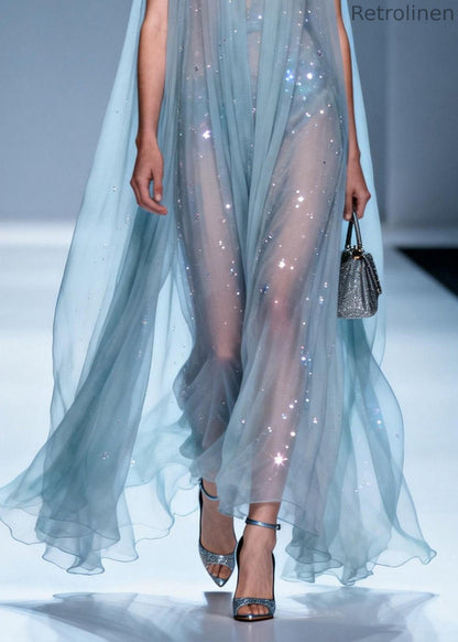 Italian V Neck Zircon Patchwork Chiffon Dress Sleeveless