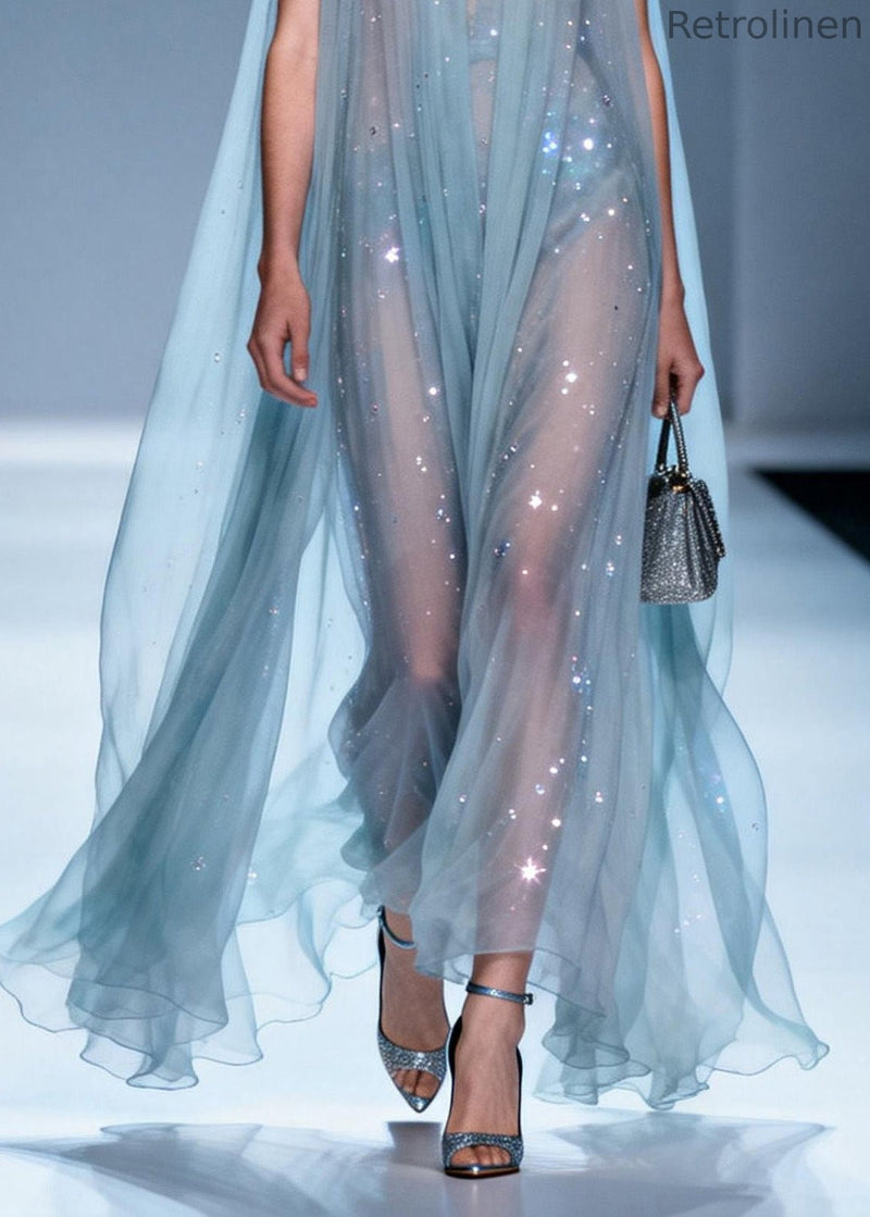 Italian V Neck Zircon Patchwork Chiffon Dress Sleeveless