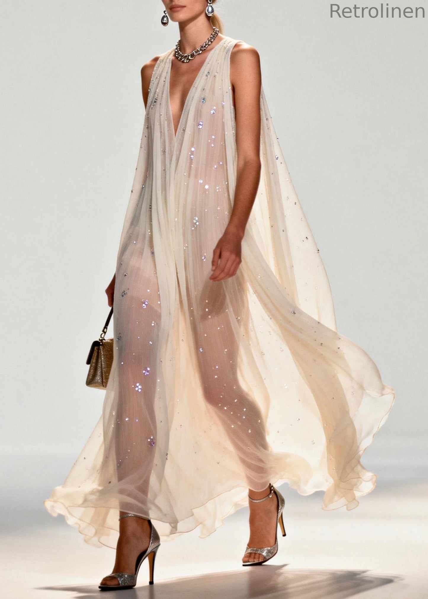New Style V Neck Zircon Chiffon Maxi Dress Sleeveless