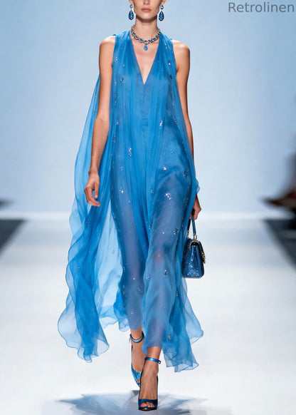 Blue V Neck Zircon Chiffon Dresses Sleeveless