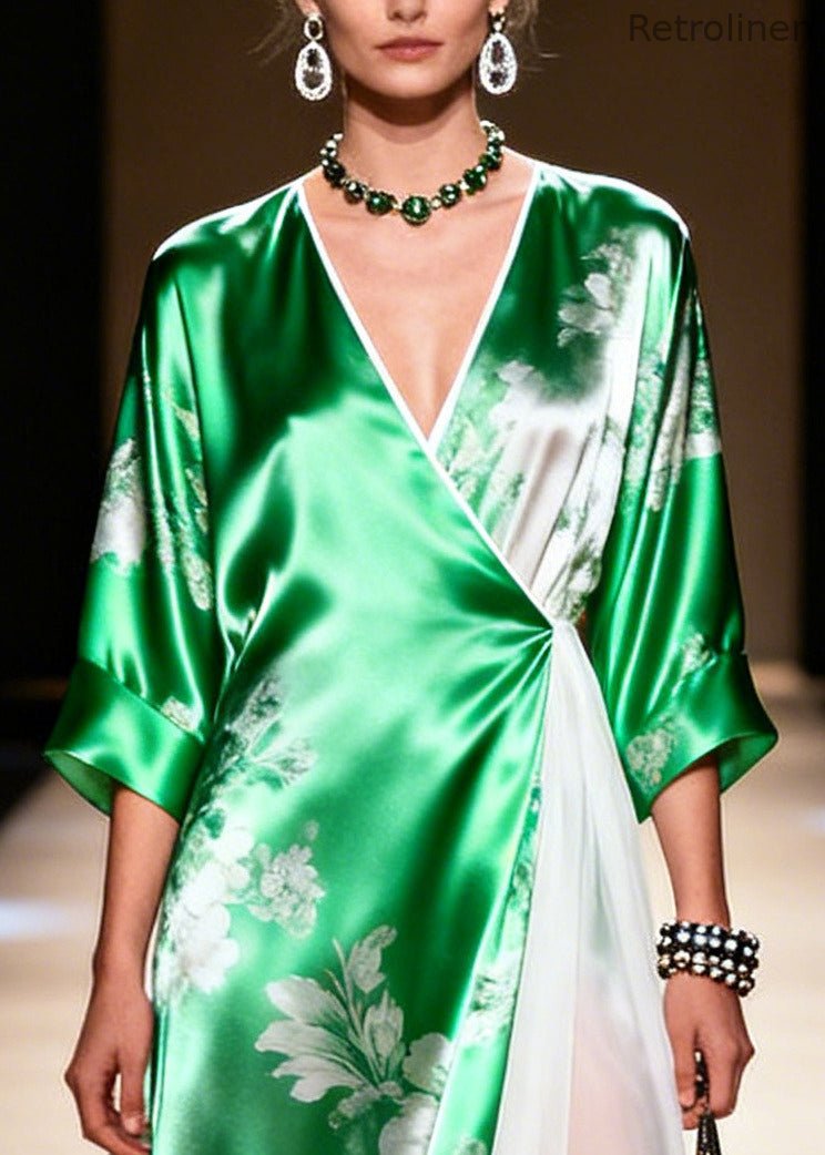 Green Patchwork Exra Large Hem Silk Vacation Dresses Summer