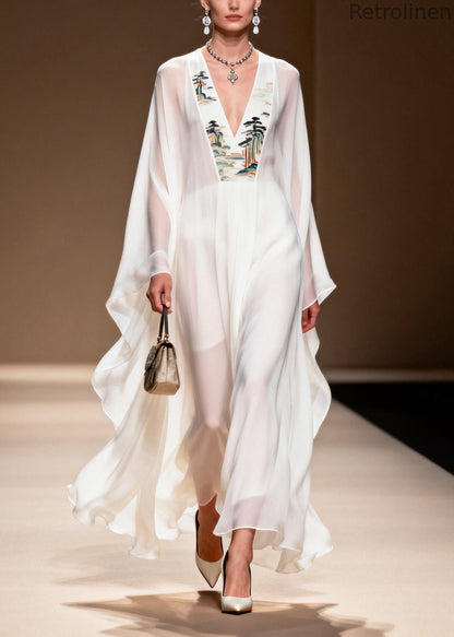 White V Neck Print Patchwork Chiffon Dress Spring