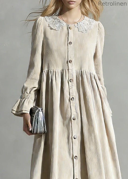 Apricot Peter Pan Collar Button Corduroy Blouses Dresses Spring