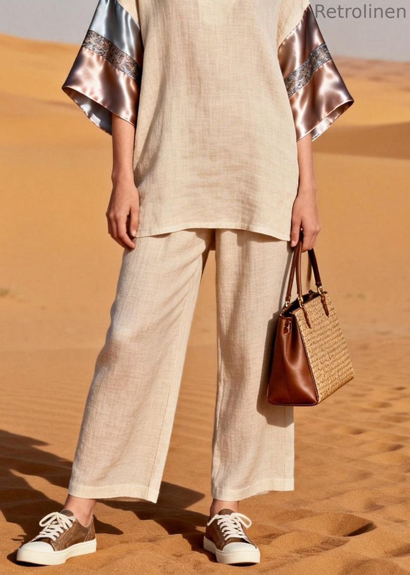 V Neck Patchwork Linen Silk Sets 2 Pieces Summer
