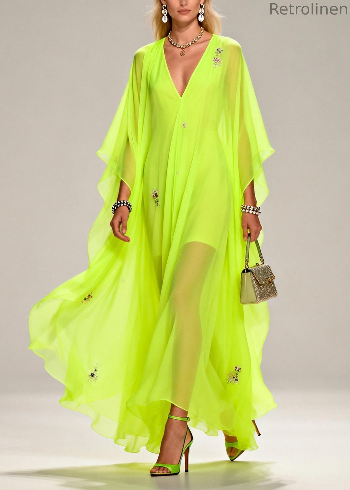 Handmade Fluorescent Green V Neck Zircon Chiffon Dresses Summer