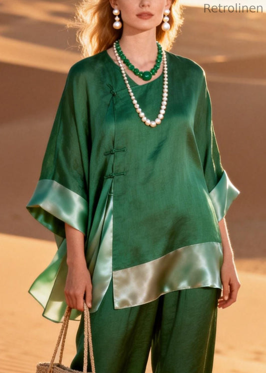 Boutique Green O Neck Chinese Button Patchwork Silk Linen Two Piece Set Bracelet Sleeve