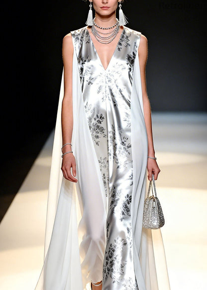 V Neck Print Patchwork Chiffon Vacation Dresses Sleeveless
