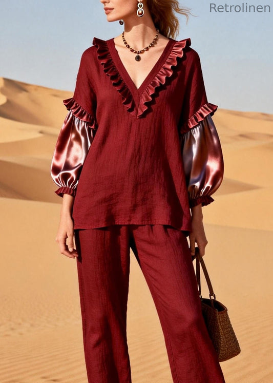 Red Ruffled Silk Patchwork Linen Two Pieces Set Spring