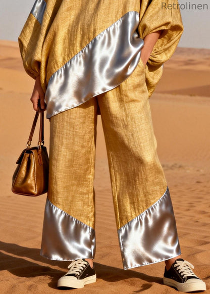 Yellow Silk Patchwork Tops and Pants Two Pieces Set V Neck Spring