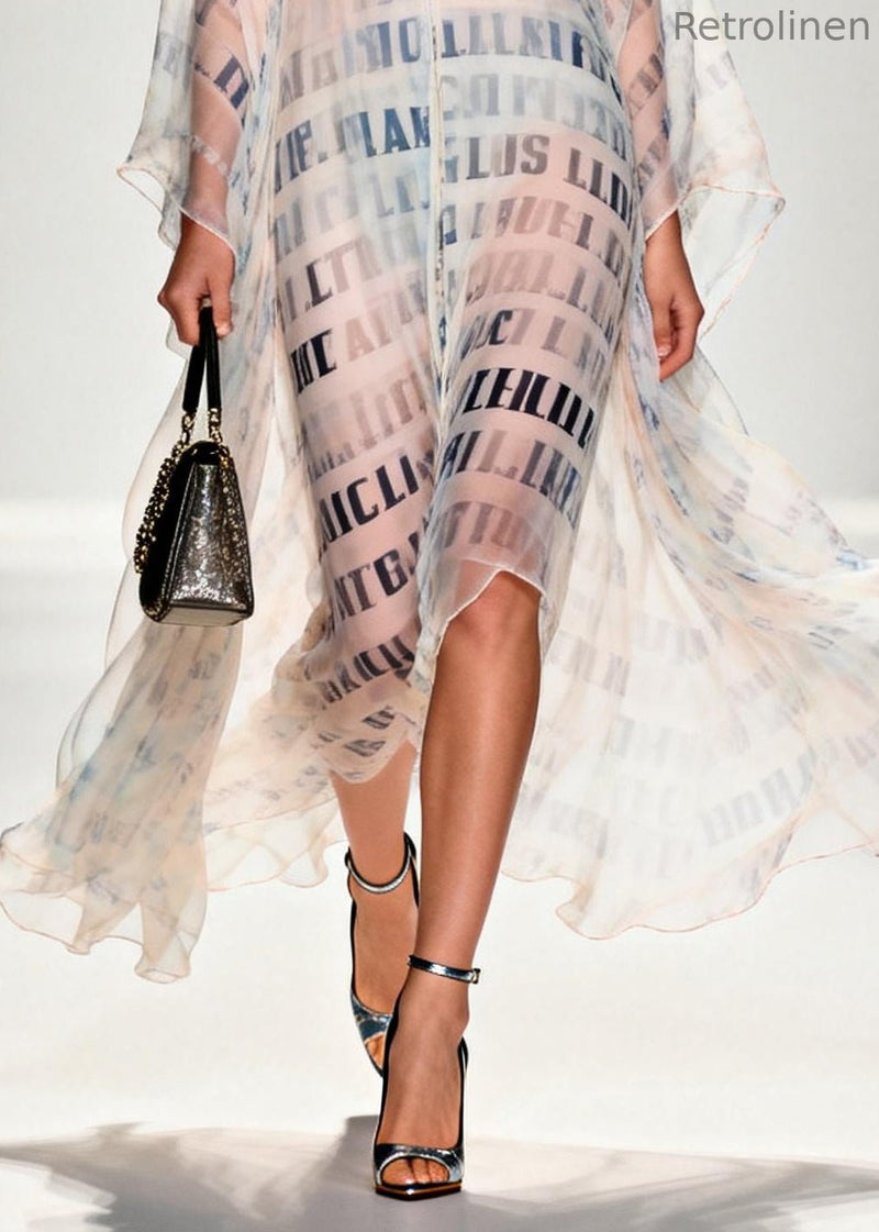 Italian White Letter Print Draping Chiffon Sheer Dress Summer