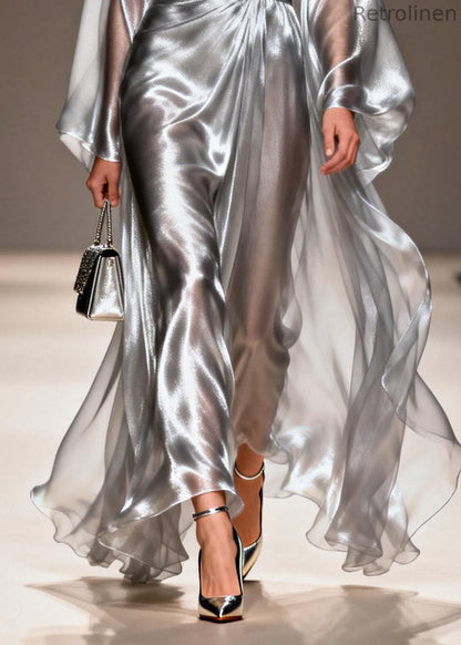 Silvery Draping Chiffon Dresses V Neck Exra Large Hem Summer