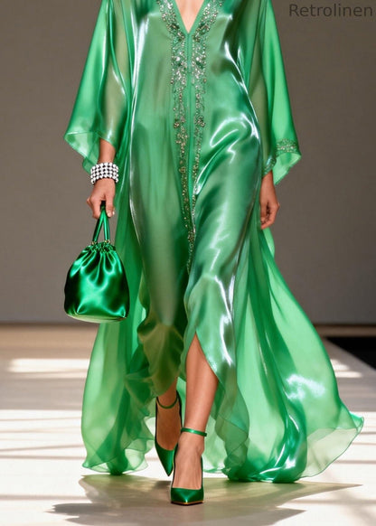 Green V Neck Zircon Chiffon Long Dresses Summer