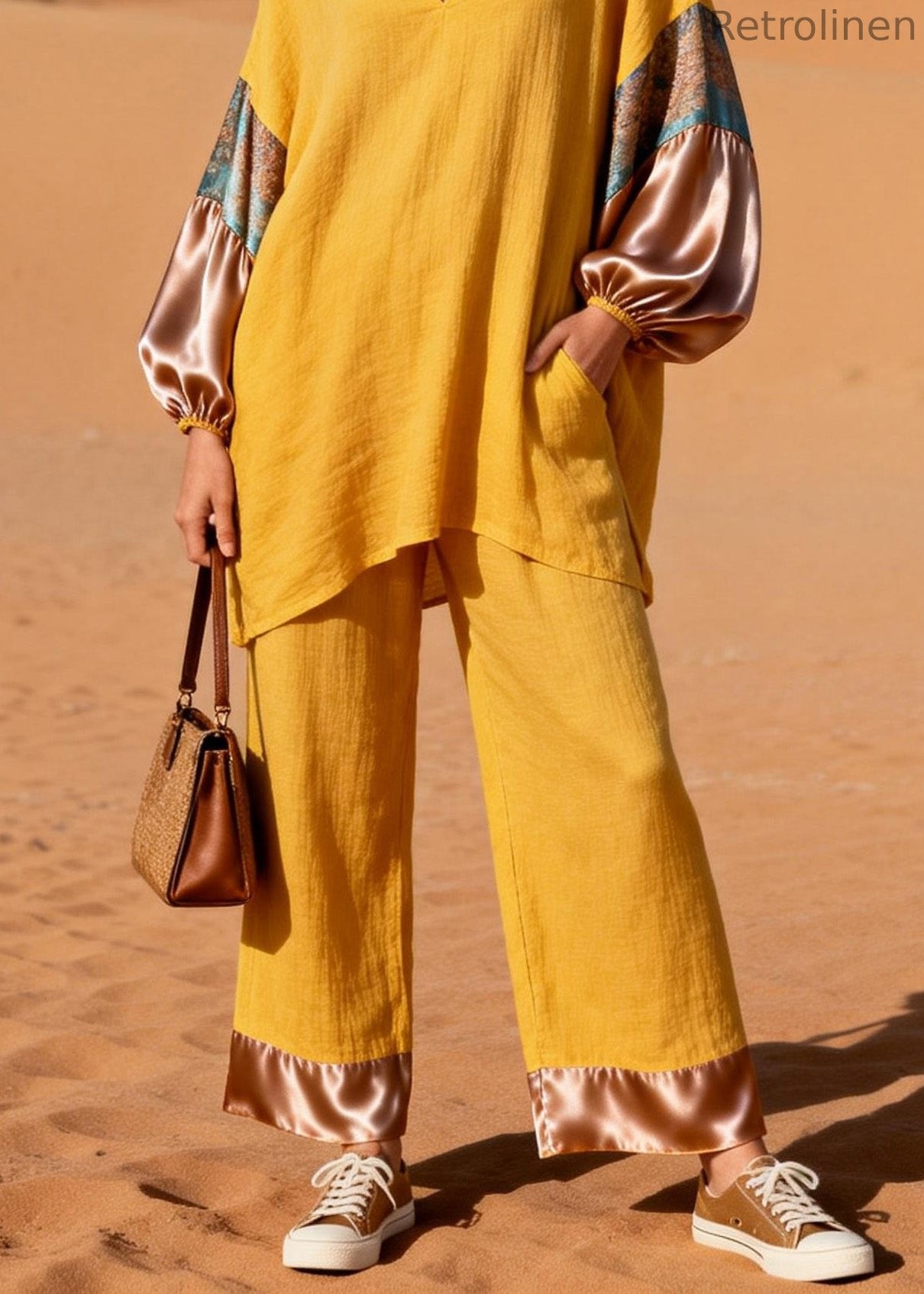 Art Yellow V Neck Patchwork Linen Silk Two Piece Set Spring