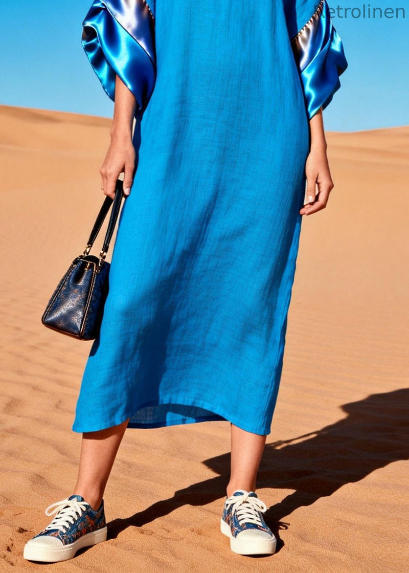 Blue V Neck Silk Patchwork Dress Summer