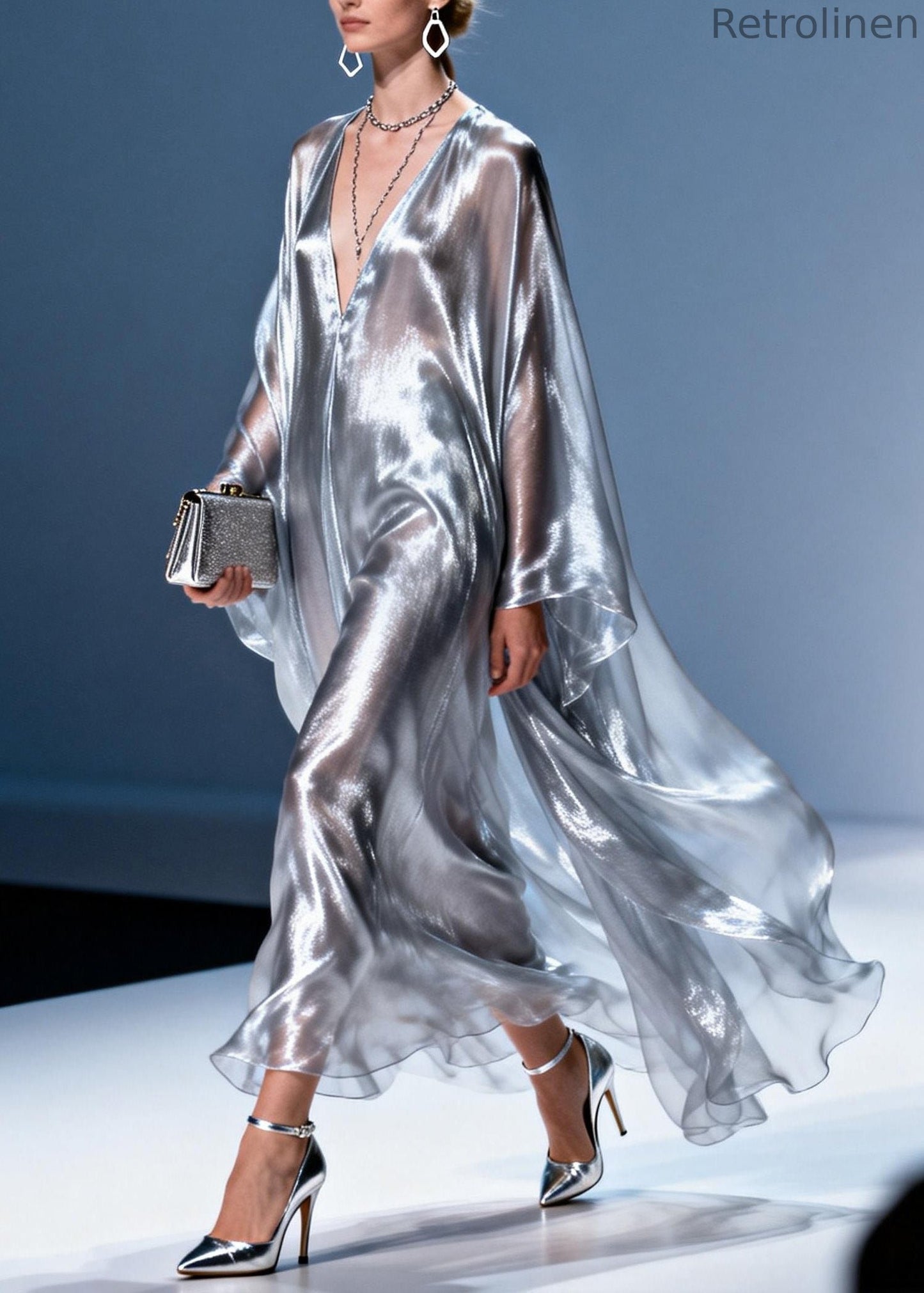 Stylish V Neck Silver Silk Long Dress Spring