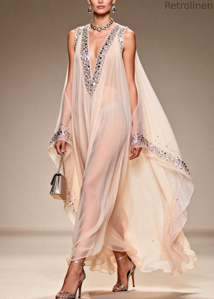 Fitted V Neck Cold Shoulder Zircon Chiffon Dress Summer