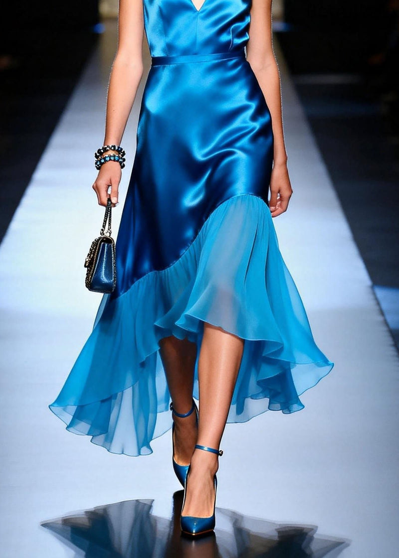 Blue V Neck Asymmetrical Patchwork Silk Dress Sleeveless