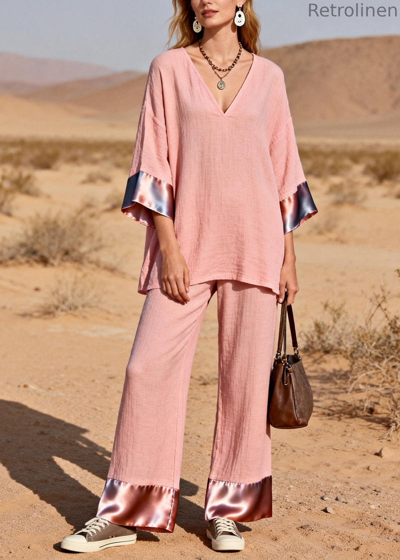 Pink Oversized Patchwork Silk Cotton Two-piece Set Spring