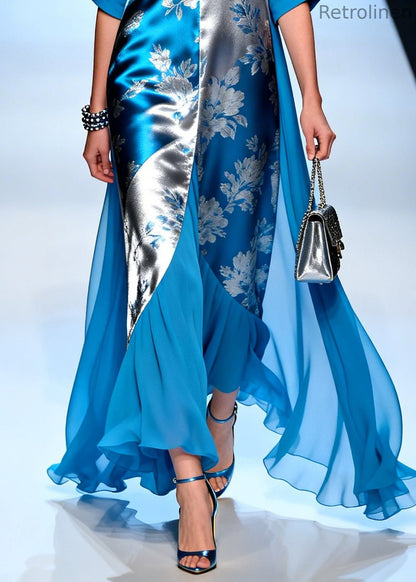 Modern Blue Jacquard Patchwork Draping Silk Maxi Dresses Summer