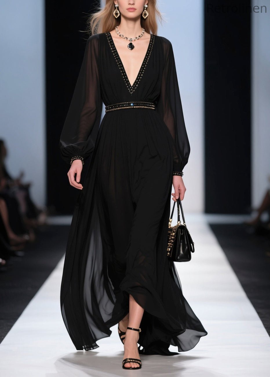 Black V Neck Exra Large Hem Chiffon Long Dresses Summer