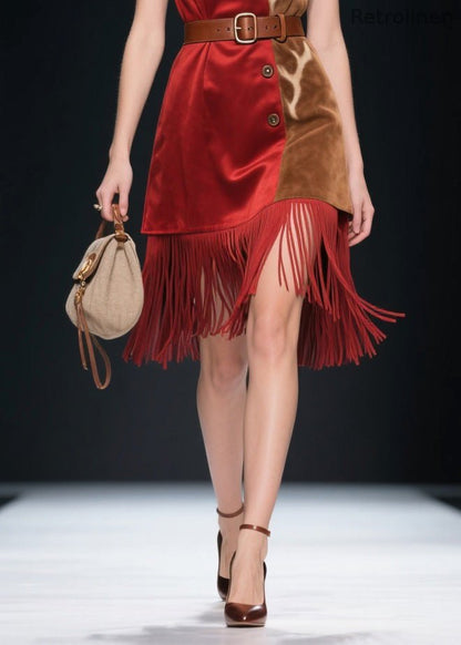 Colorblock Tassel Patchwork Velvet Dresses Sleeveless