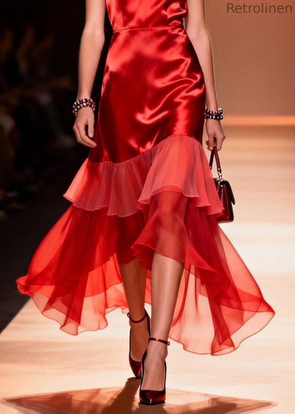 Red V Neck Ruffled Patchwork Silk Dresses Summer